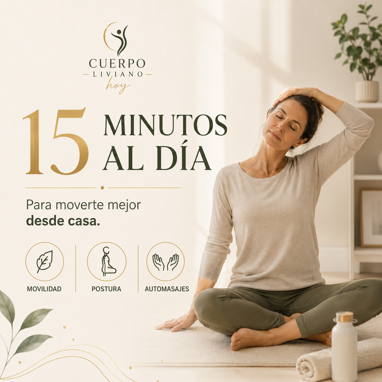 Mujer realizando una rutina suave desde casa